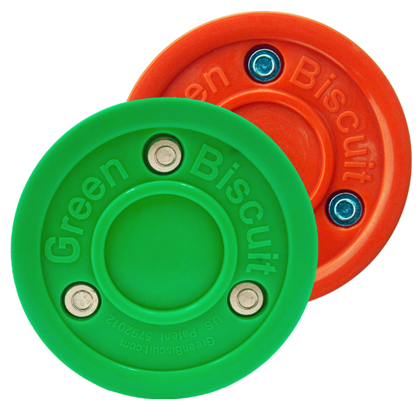 Hockey puck Orange Biscuit Snipe + Original Green plastic puck - Combo Pack